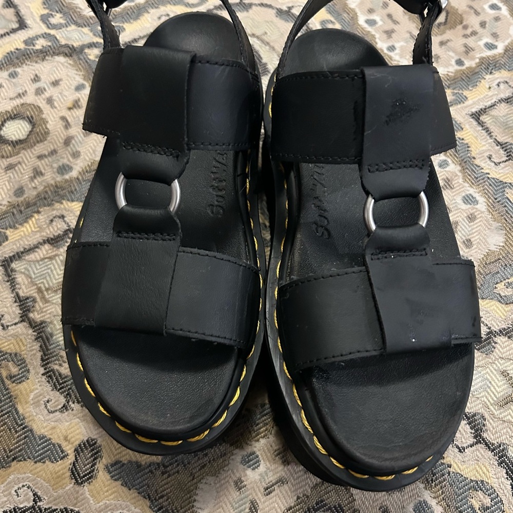 Dr. Martens Black Francis Sandals with Yellow Stitching